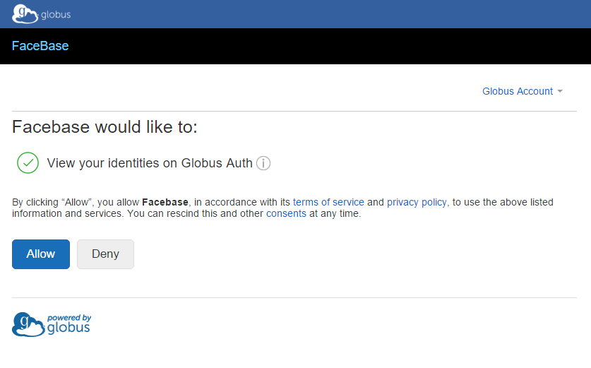 Screenshot of permission screen to allow FaceBase access to your Globus ID.
